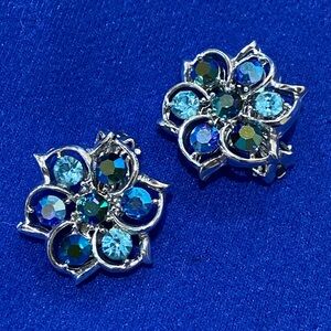 Elegant Silver and Blue Floral Earrings by Schrager with 2 kinds blue crystals.